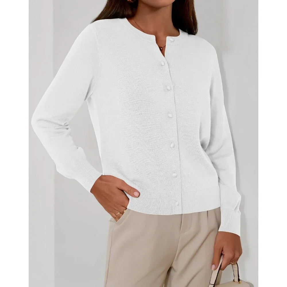 Women's Cashmere Blend Cardigan Small Crew Neck Button Long Sleeve Cozy